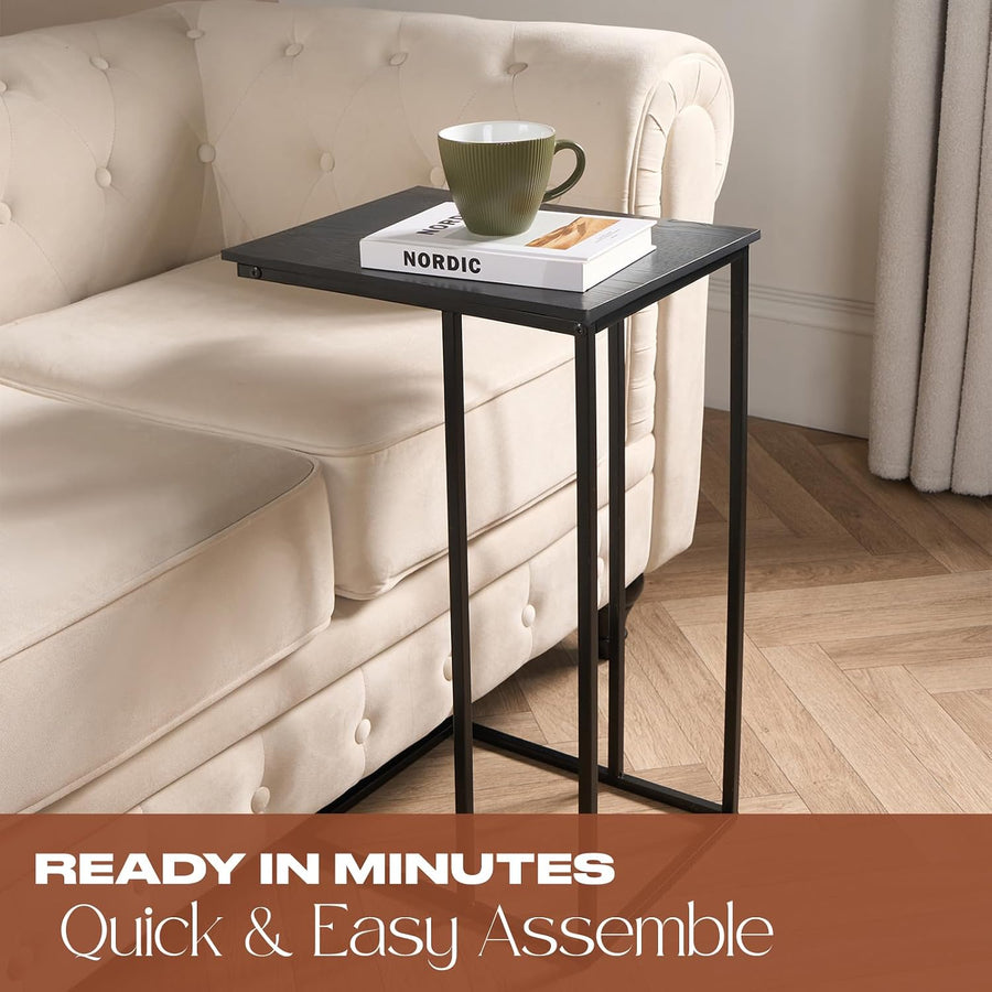 C Shaped Side Table, Sofa Table with Metal Frame Decorative Coffee Tables Space Saving Bedside Tables for Bedroom Living Room Home Office, Black