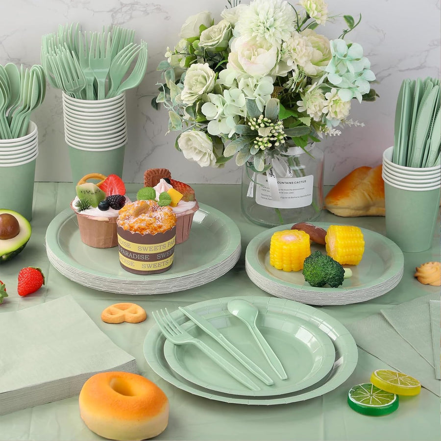 69Pcs Sage Green Party Tableware Set for Her, Girls, Women - Sage Green Paper Plates, Cups, Napkins and Tablecloth - Party Dinnerware Set for Birthday, Wedding, Baby Shower