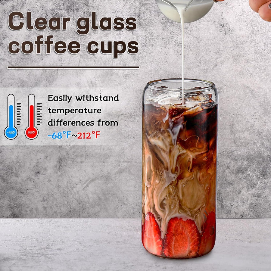 Glass Cups 20 Oz,Glass Cups with Lids Andstraws 4 Pcs-Coffee Cups,Drinking Glasses Set,Glass Tumbler with Straw and Lid Gift 2 Cleaning Brushes