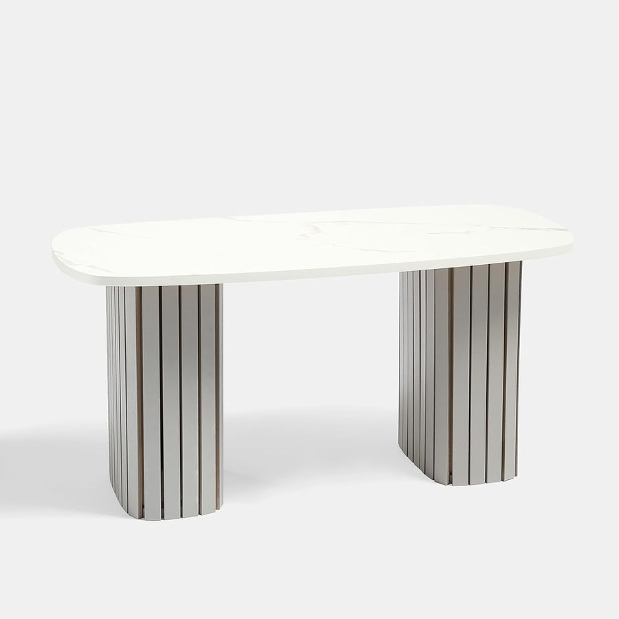 Wooden Coffee Tables for Living Room, White Top Marble Coffee Table Grey Madison Ribbed Wood Frame Decorative Small Centre Table for Home Office, 85 X 40 X 41Cm