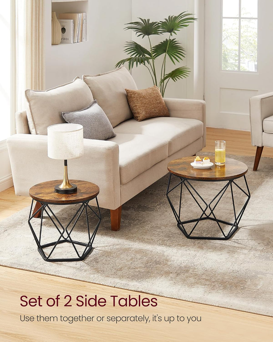Coffee Tables, Set of 2 Side Tables, Robust Steel Frame, for Living Room, Bedroom, Rustic Brown and Black LET040B01