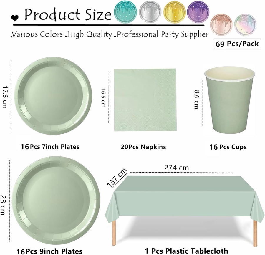 69Pcs Sage Green Party Tableware Set for Her, Girls, Women - Sage Green Paper Plates, Cups, Napkins and Tablecloth - Party Dinnerware Set for Birthday, Wedding, Baby Shower