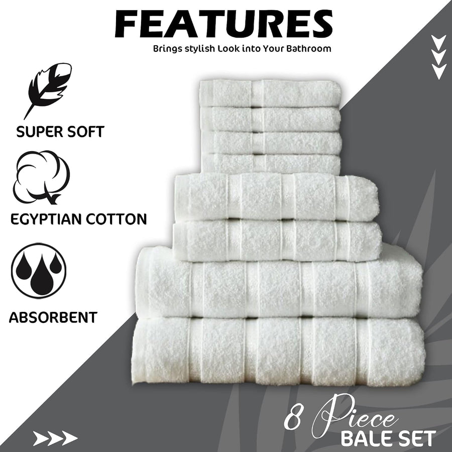 8-Piece Towels Bale Set for Bathroom, Ultra Soft Premium Quality Water Absorbent Towel Gift Sets, 100% Egyptian Cotton, 4X Face 2X Hand 2X Bath Towels, White