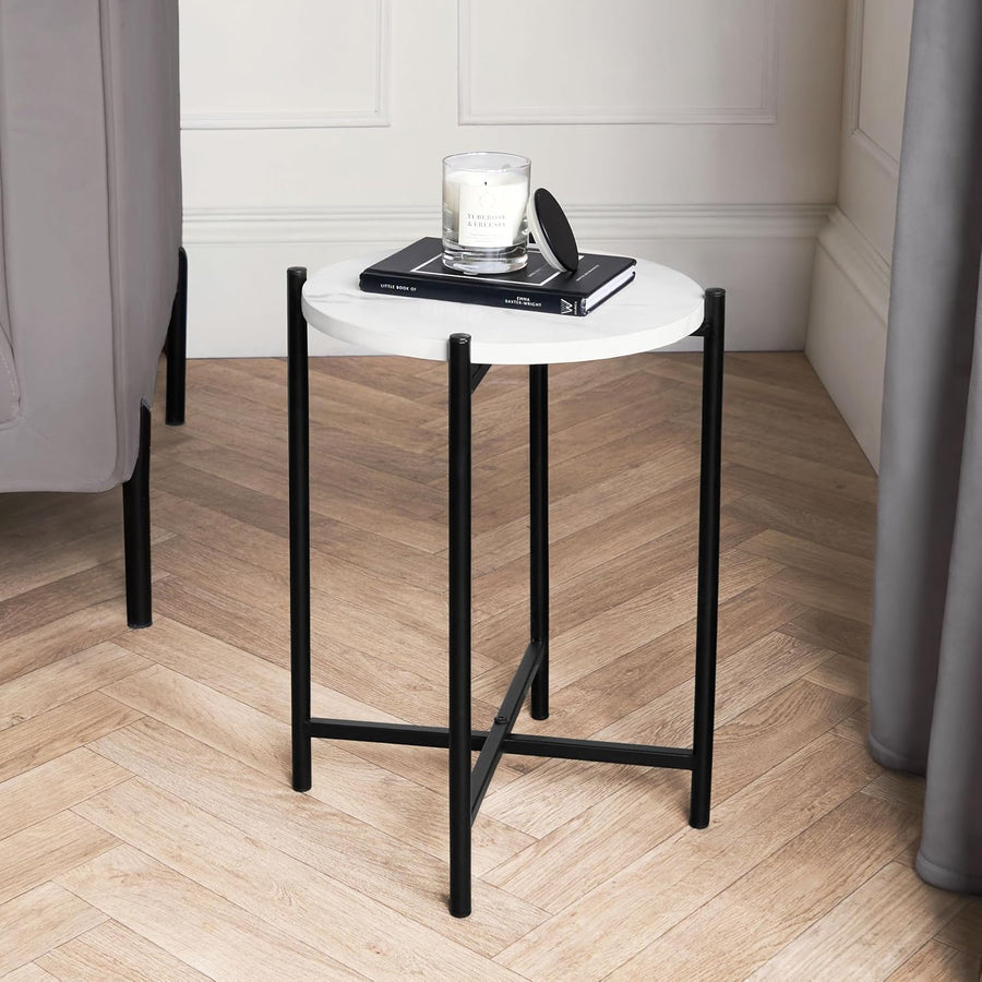 round Side Table for Living Room, White Mable Top Small Coffee Tables with Sturdy Metal Frame Decorative Nightstand End Table Bedside Tables for Bedroom Office