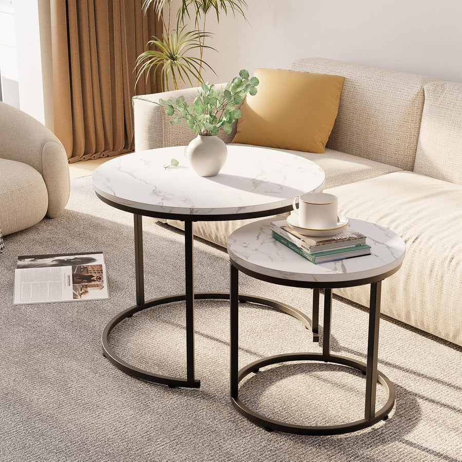 Coffee Table,Round Nest of Tables Set of 2 for Living Room,Marble Center Tea Table with Metal Frame,End Side Table for Small Space/Living Room/Bedroom, White Black, 60 X 60 X 50Cm