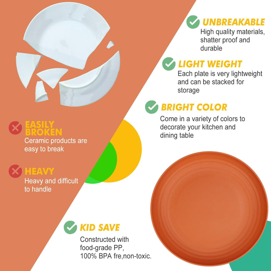 Reusable Plastic Plates Set of 8 Unbreakable Plates Set 9 Inch | Dishwasher & Microwave Safe Plate Set - Lightweight Dinner Plates for Kitchen & Outdoor, Camping Plates (Vivid Mix)