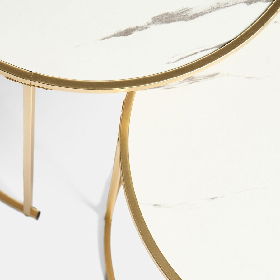Marble Nest of Tables Set of 2, Stacking Side Tables Living Room Stylish Decorative Coffee Table Sturdy Metal Frame Easy Assembly round End Table, White/Gold