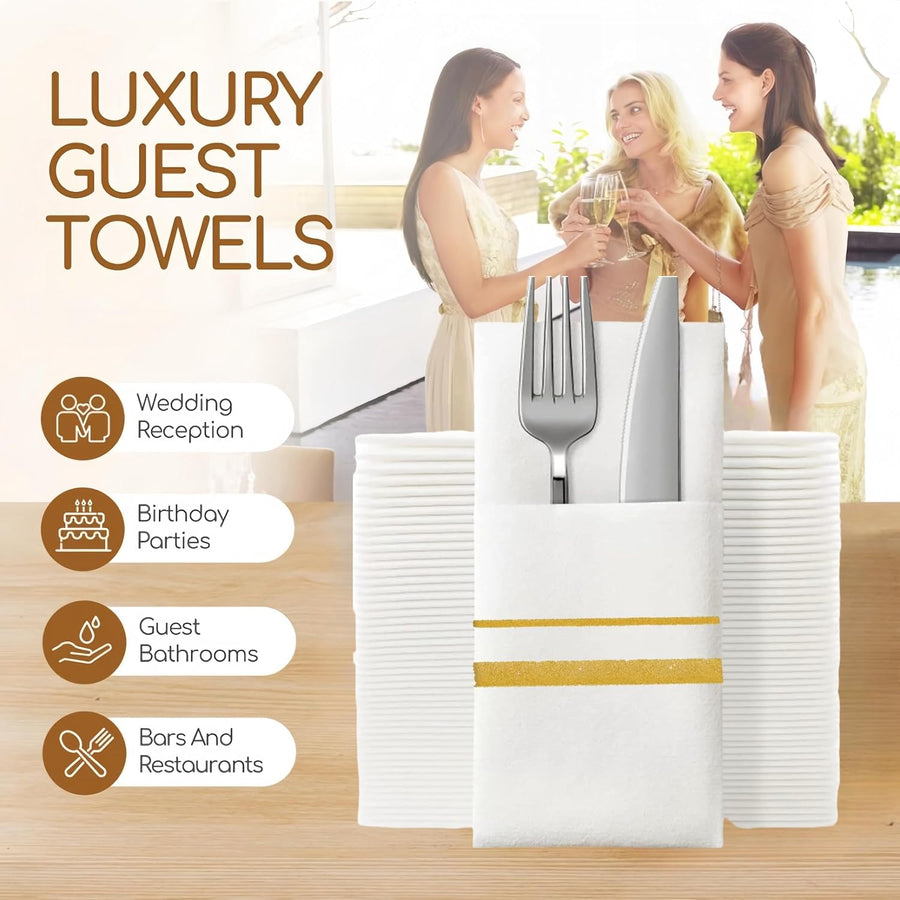 Disposable Dinner Napkins with Built-In Flatware Pocket - Elegant Linen Feel for Wedding Party, Prefolded Silverware Pocket in Gold, 40X40Cm, 50 Pcs
