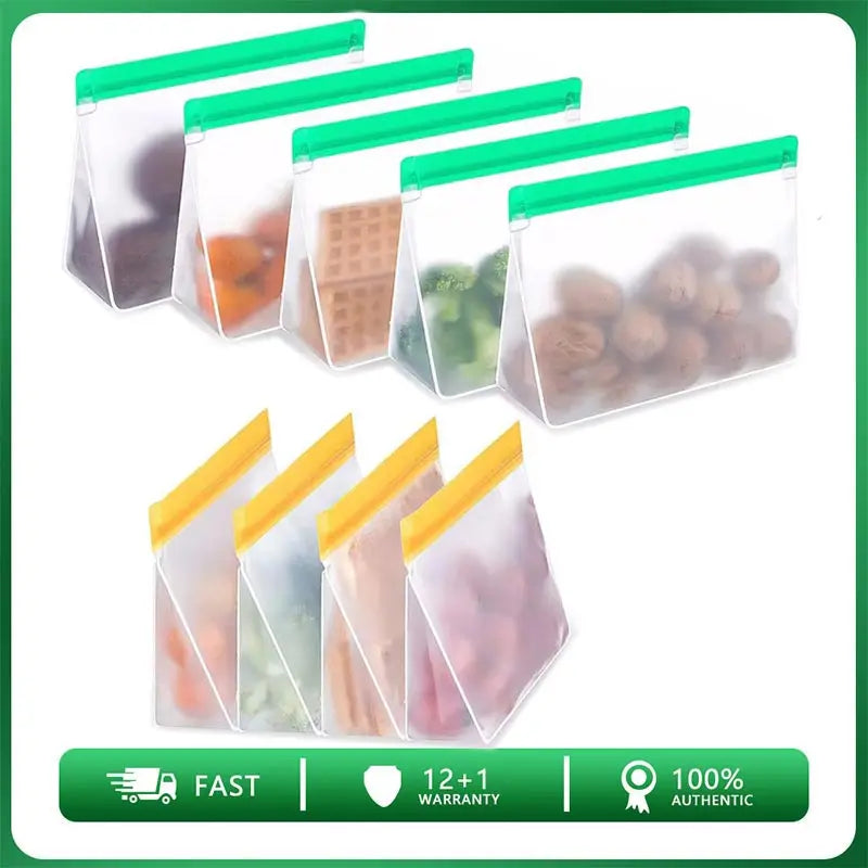 Reusable Food Storage Bag Upgrade Leakproof Top Stand up Freezer Sandwich Ziplock Bag Silicone PEVA Food Preservation Shut Bag