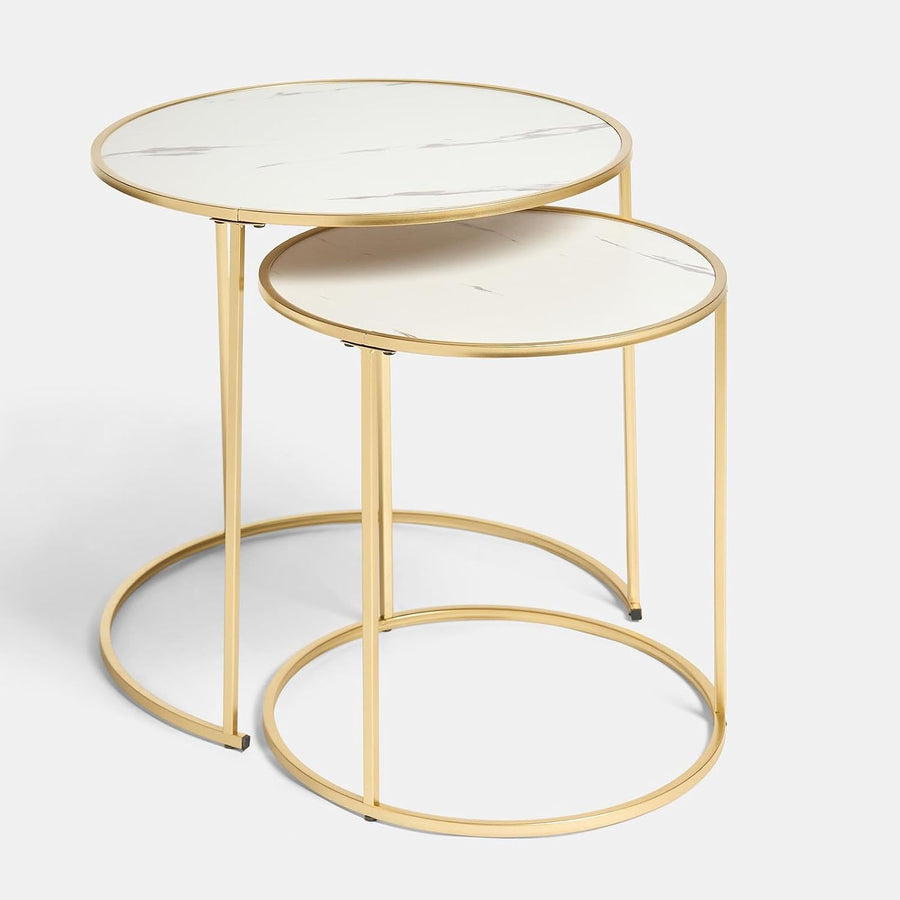 Marble Nest of Tables Set of 2, Stacking Side Tables Living Room Stylish Decorative Coffee Table Sturdy Metal Frame Easy Assembly round End Table, White/Gold