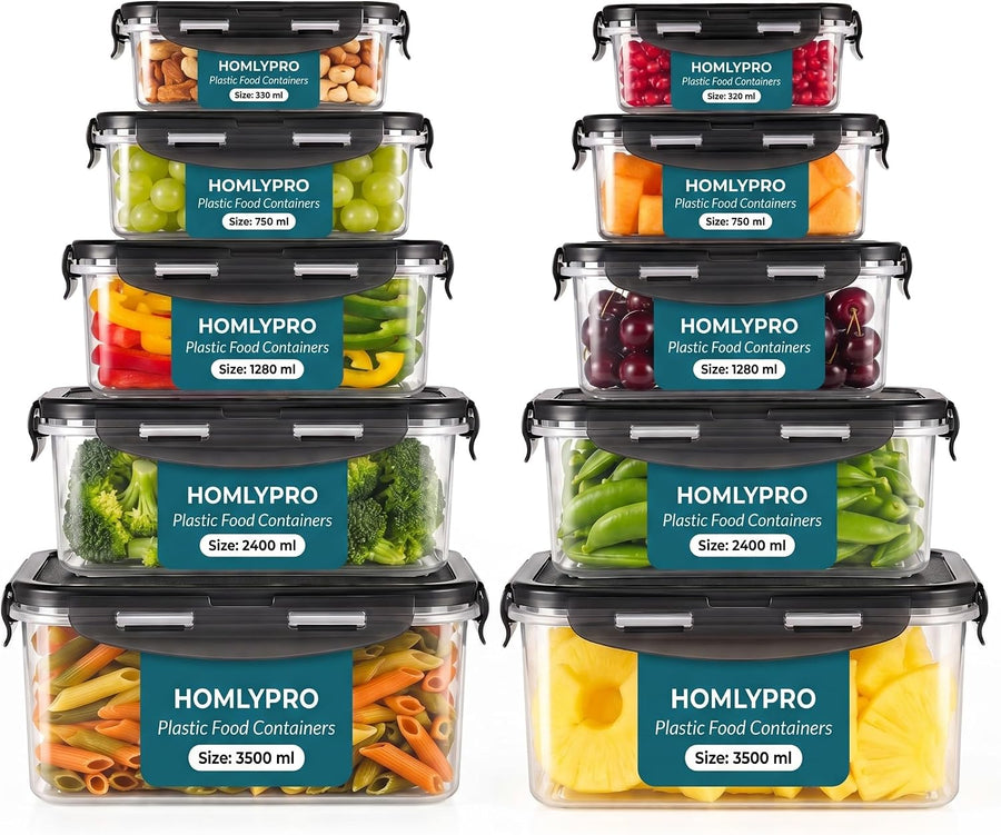 20 Pieces Black Plastic Food Containers with Lids (10 Boxes & 10 Lids) Leakproof Airtight Meal Prep Containers, Stackable Bpa-Free, Freezer Microwave Dishwasher Safe