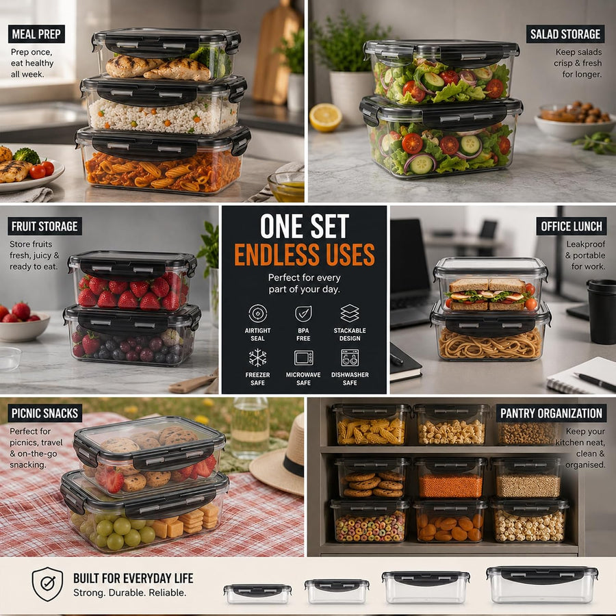 20 Pieces Black Plastic Food Containers with Lids (10 Boxes & 10 Lids) Leakproof Airtight Meal Prep Containers, Stackable Bpa-Free, Freezer Microwave Dishwasher Safe