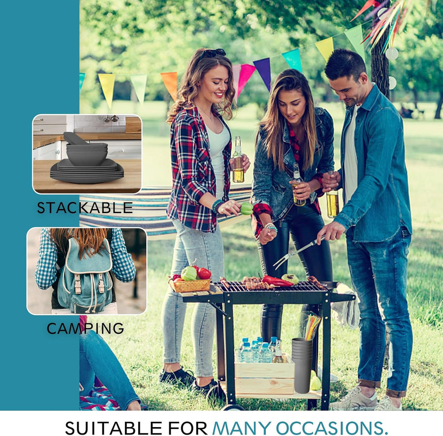 24-Piece Kitchen Plastic Square Dinner Set, Service for 6, Dinner Plates, Dessert Plates, Cereal Bowls, 20 Oz Cups, Unbreakable Plastic Plates and Bowls Set, Outdoor Camping Dishes, Grey