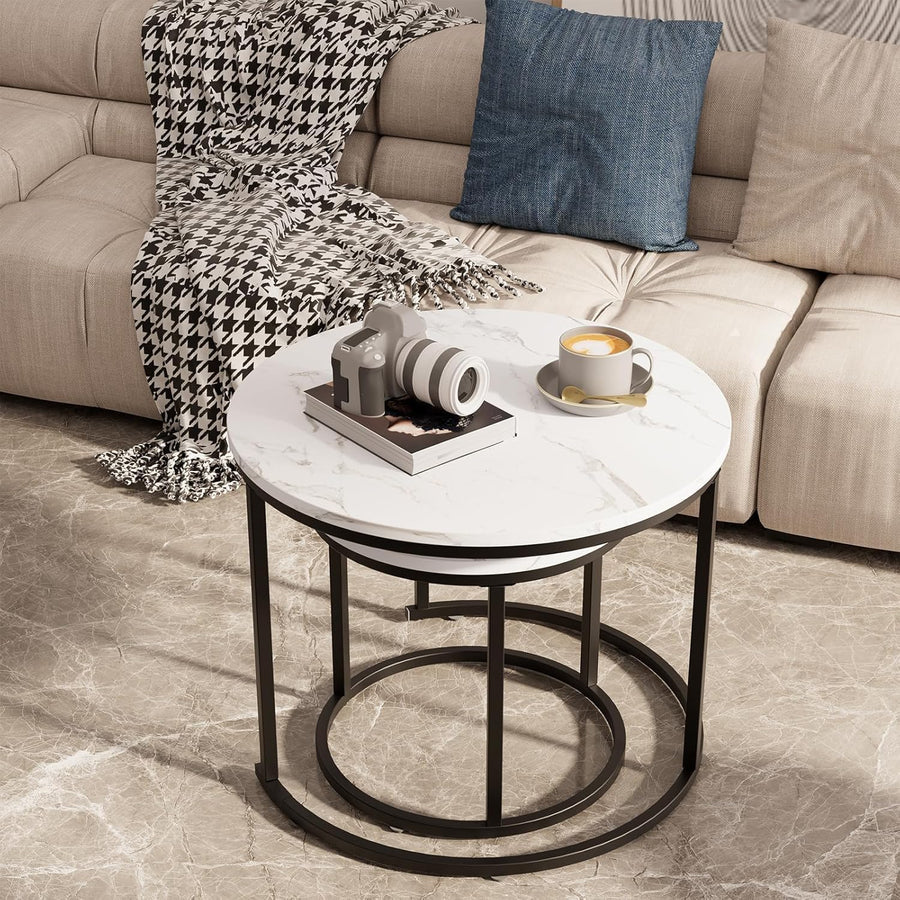 Coffee Table,Round Nest of Tables Set of 2 for Living Room,Marble Center Tea Table with Metal Frame,End Side Table for Small Space/Living Room/Bedroom, White Black, 60 X 60 X 50Cm