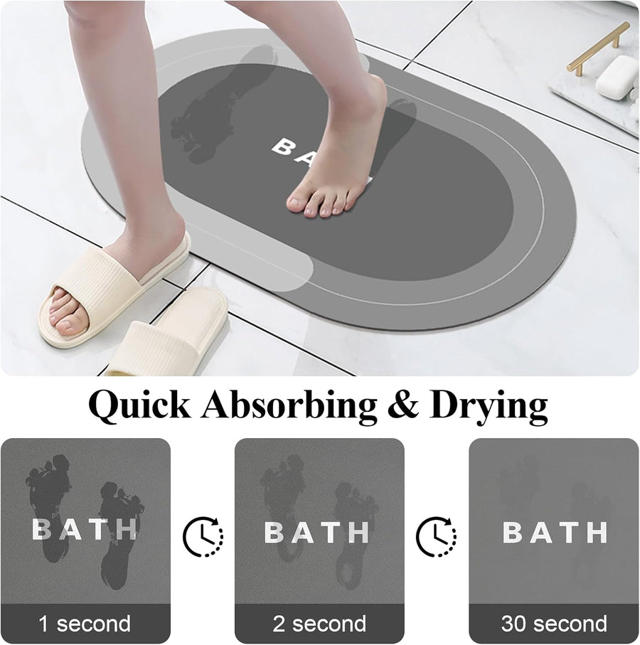 Bath Mat Quick-Drying Bathroom Mat,Super Absorbent Bath Mat for Bathroom Floor,Non Slip Rubber Backing Shower Floor Mat,Oval Floor Bath Rug for Bathroom,Bathtub (Grey, 40X60Cm)