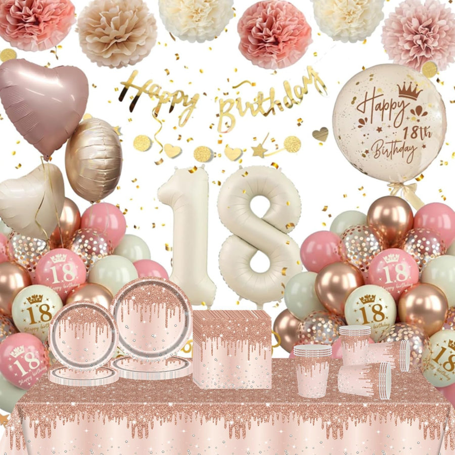 81 Piece Rose Gold Tableware Set for Her - Plates, Cups, Napkins and Tablecloth with Sparkling Diamond Pattern for Birthday, Wedding, Baby Shower Party