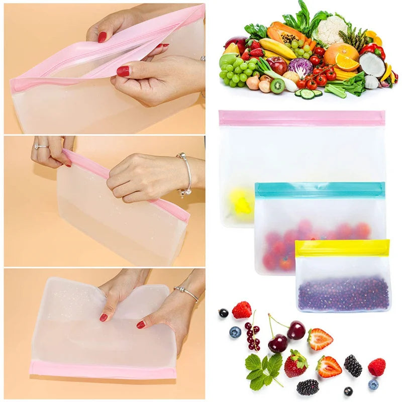 Reusable Food Storage Bag Upgrade Leakproof Top Stand up Freezer Sandwich Ziplock Bag Silicone PEVA Food Preservation Shut Bag