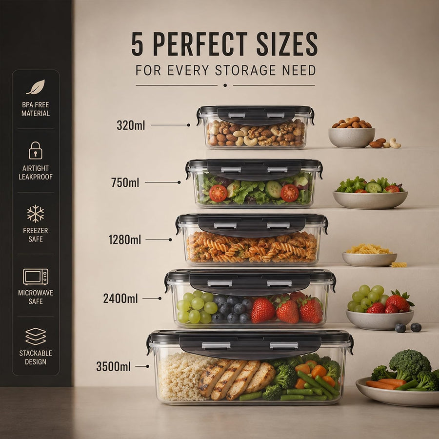 20 Pieces Black Plastic Food Containers with Lids (10 Boxes & 10 Lids) Leakproof Airtight Meal Prep Containers, Stackable Bpa-Free, Freezer Microwave Dishwasher Safe