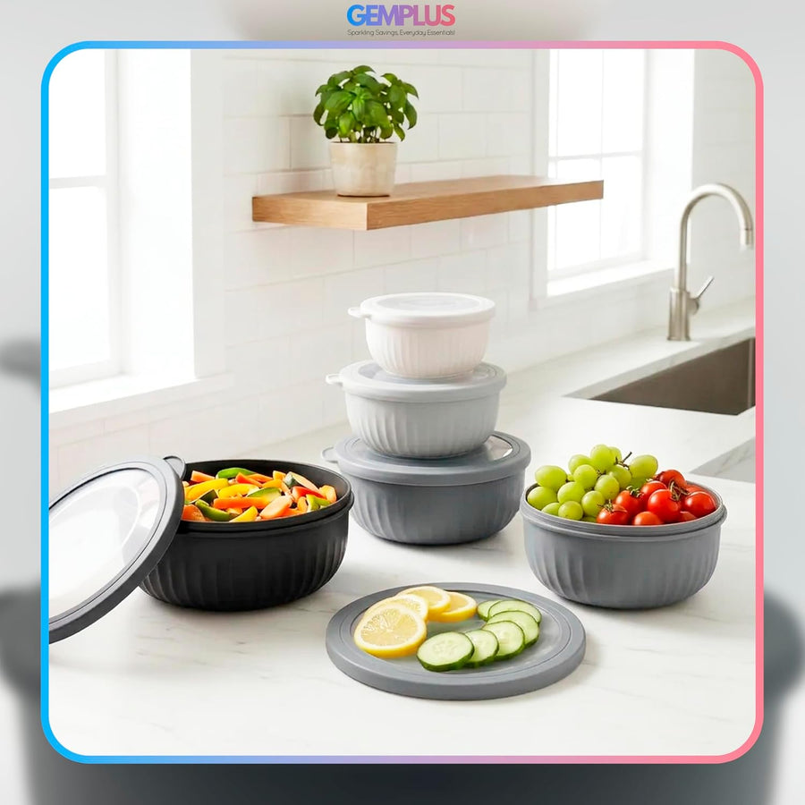 GEM+ | Food Storage Containers Set of 4 with Lids, Airtight Kitchen Storage Bowls, Plastic Food Containers for Meal Prep, Leftovers, Stackable Nesting Food Storage Set (Black)