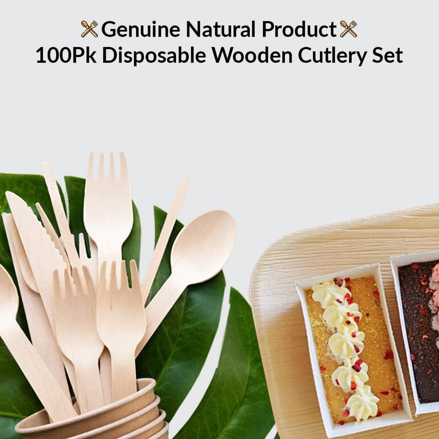 100Pk Disposable Wooden Cutlery Set, 100% Natural and Biodegradable, Eco-Friendly Set for Wedding, Office and Party Picnic (Cutlery Set)