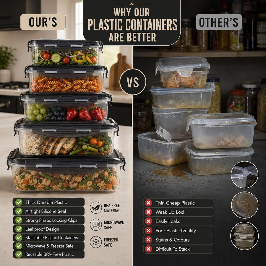 20 Pieces Black Plastic Food Containers with Lids (10 Boxes & 10 Lids) Leakproof Airtight Meal Prep Containers, Stackable Bpa-Free, Freezer Microwave Dishwasher Safe