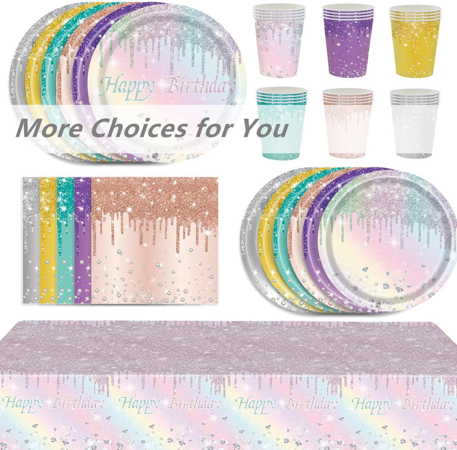 81 Pcs Sparkling Diamond Party Tableware Set - Silver Paper Plates, Cups, Napkins and Tablecloth for Her, Girls, Women - Birthday, Wedding, Baby Shower Party Tableware