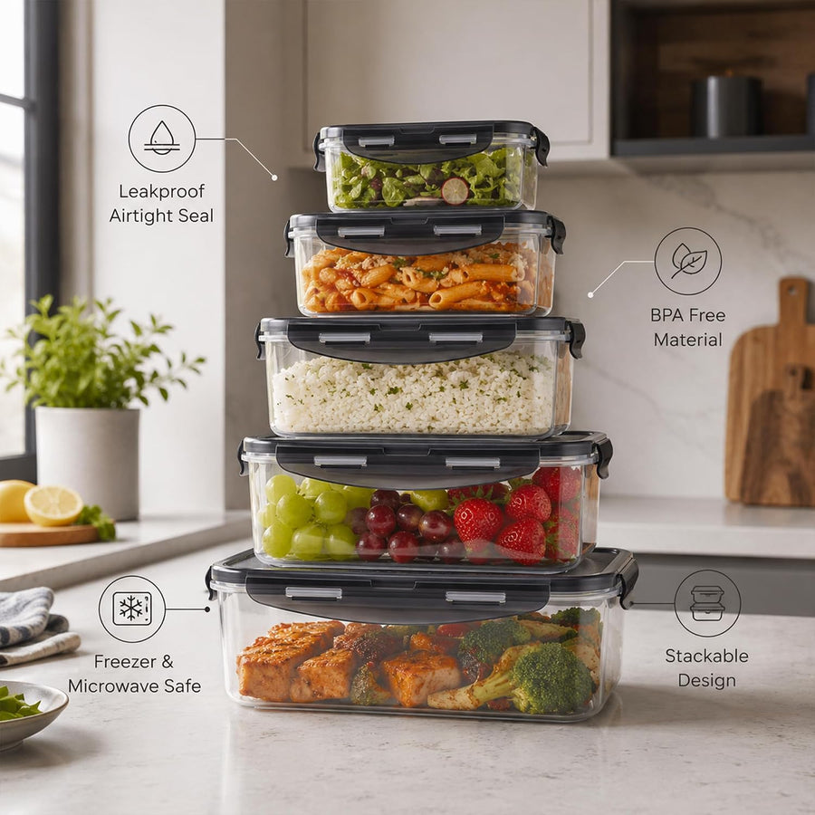 20 Pieces Black Plastic Food Containers with Lids (10 Boxes & 10 Lids) Leakproof Airtight Meal Prep Containers, Stackable Bpa-Free, Freezer Microwave Dishwasher Safe