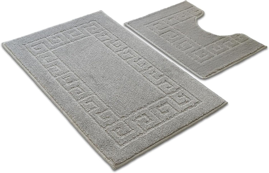 Greek Style Bath Mat Set 2-Piece | Non-Slip Bathroom Mats, Shower Mat & Pedestal Mat | Soft Washable Quick-Dry Bath Mats for Bathroom Floor | Anti-Mould Bath Rug Set (Silver)