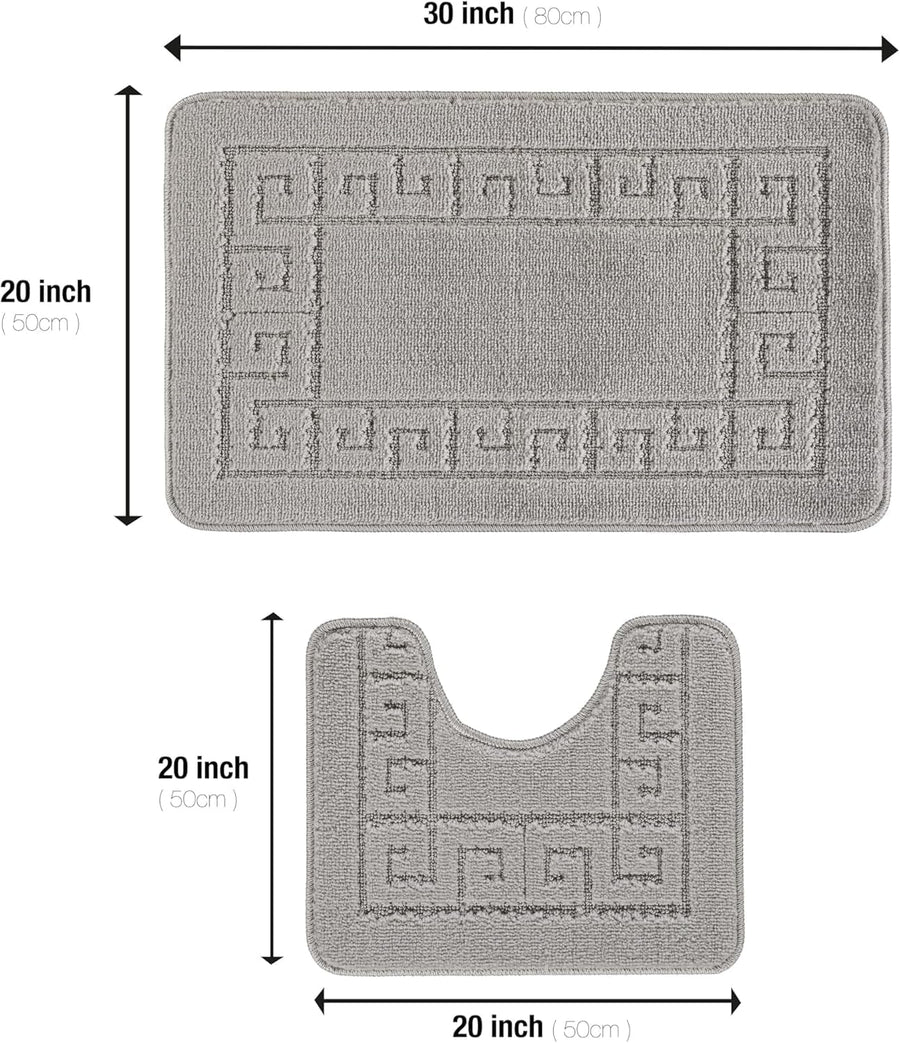 Greek Style Bath Mat Set 2-Piece | Non-Slip Bathroom Mats, Shower Mat & Pedestal Mat | Soft Washable Quick-Dry Bath Mats for Bathroom Floor | Anti-Mould Bath Rug Set (Silver)