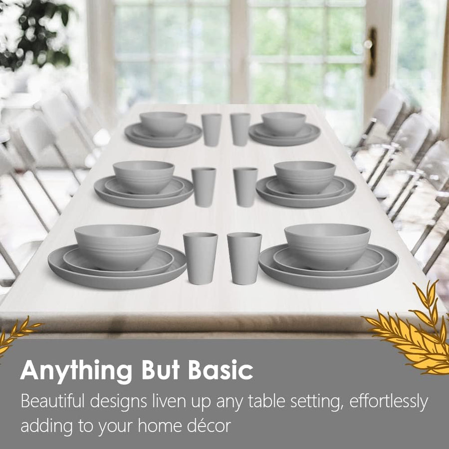 16-Piece Kitchen Plastic Dinner Set, Service for 4, Dinner Plates, Dessert Plates, Cereal Bowls, Cups, Unbreakable Plastic Plates and Bowls Set, Outdoor Camping Dishes, Grey