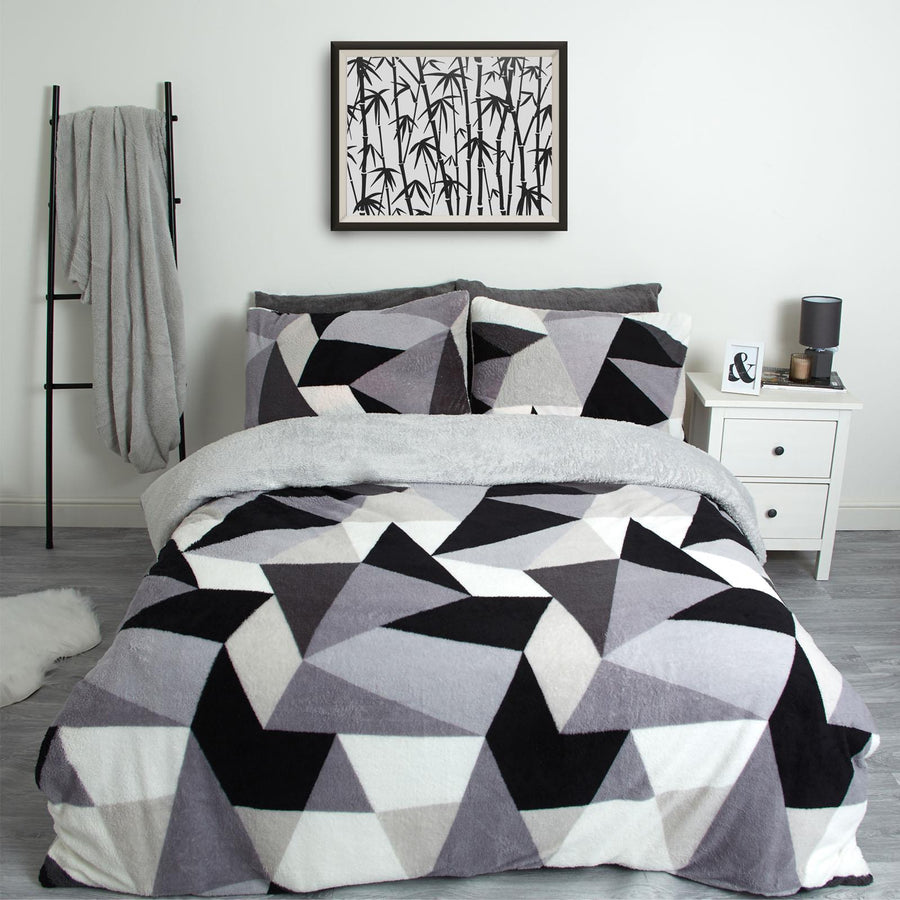 OHS Shapes Teddy Fleece Duvet Cover with Pillowcase Soft Warm Bedding Set