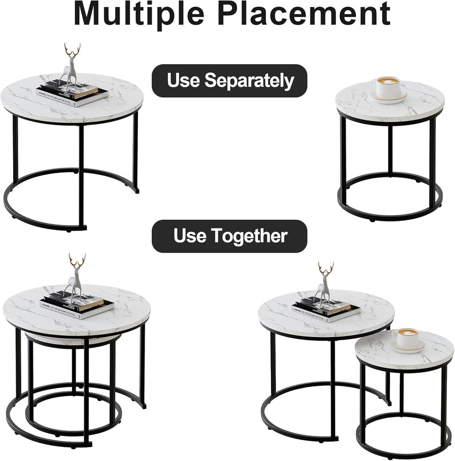 Coffee Table,Round Nest of Tables Set of 2 for Living Room,Marble Center Tea Table with Metal Frame,End Side Table for Small Space/Living Room/Bedroom, White Black, 60 X 60 X 50Cm