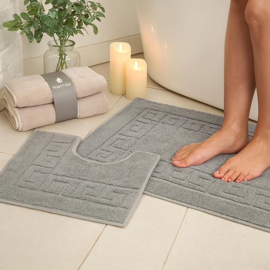 Greek Style Bath Mat Set 2-Piece | Non-Slip Bathroom Mats, Shower Mat & Pedestal Mat | Soft Washable Quick-Dry Bath Mats for Bathroom Floor | Anti-Mould Bath Rug Set (Silver)