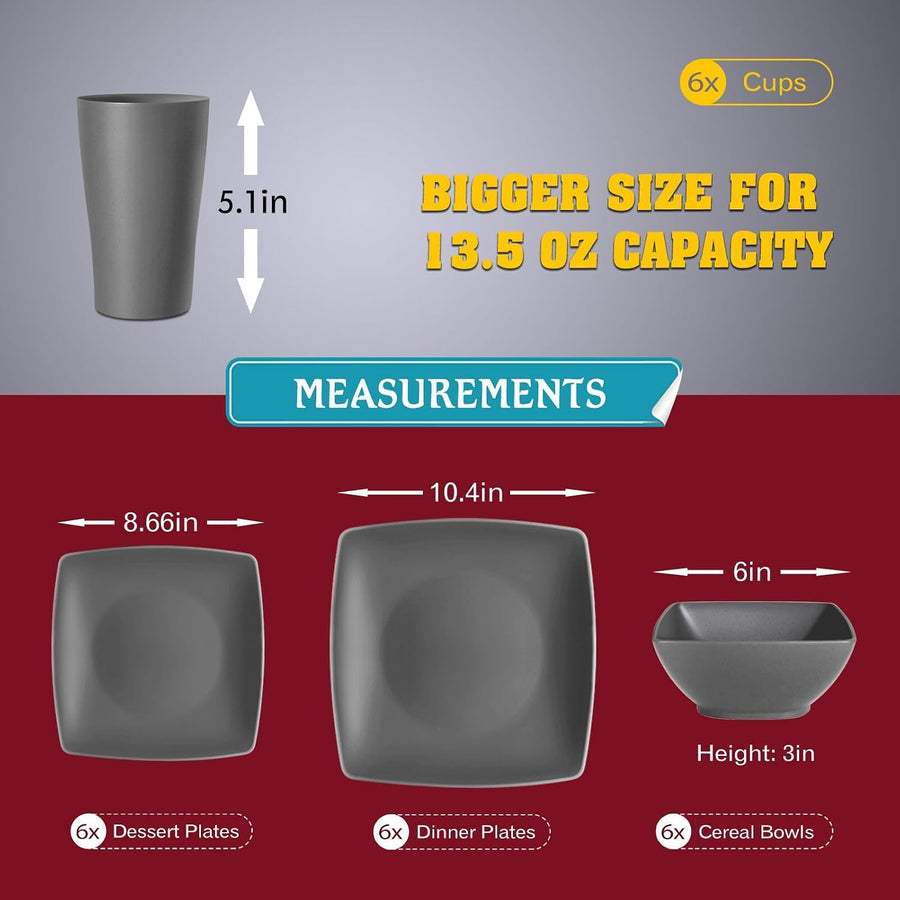 24-Piece Kitchen Plastic Square Dinner Set, Service for 6, Dinner Plates, Dessert Plates, Cereal Bowls, 20 Oz Cups, Unbreakable Plastic Plates and Bowls Set, Outdoor Camping Dishes, Grey