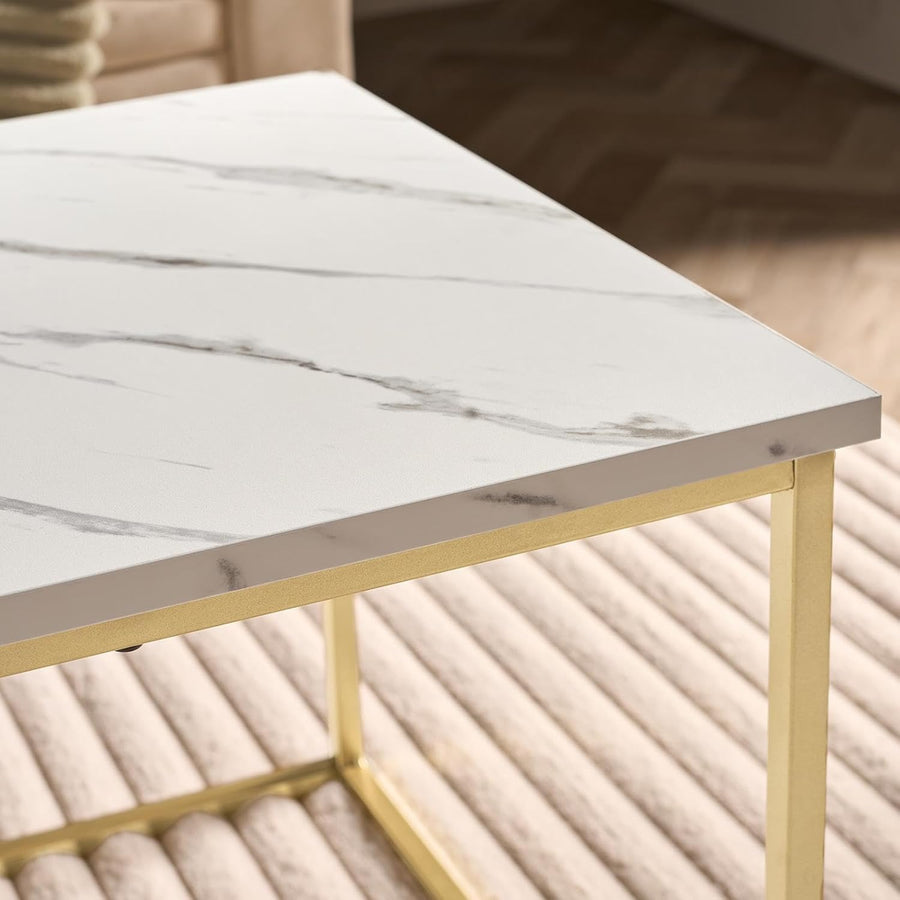 White Marble Coffee Table, Modern Centre Table Living Room Home Office Decorative Coffee Tables with Gold Metal Frame Long Rectangle Table, 90 X 48 X 40Cm