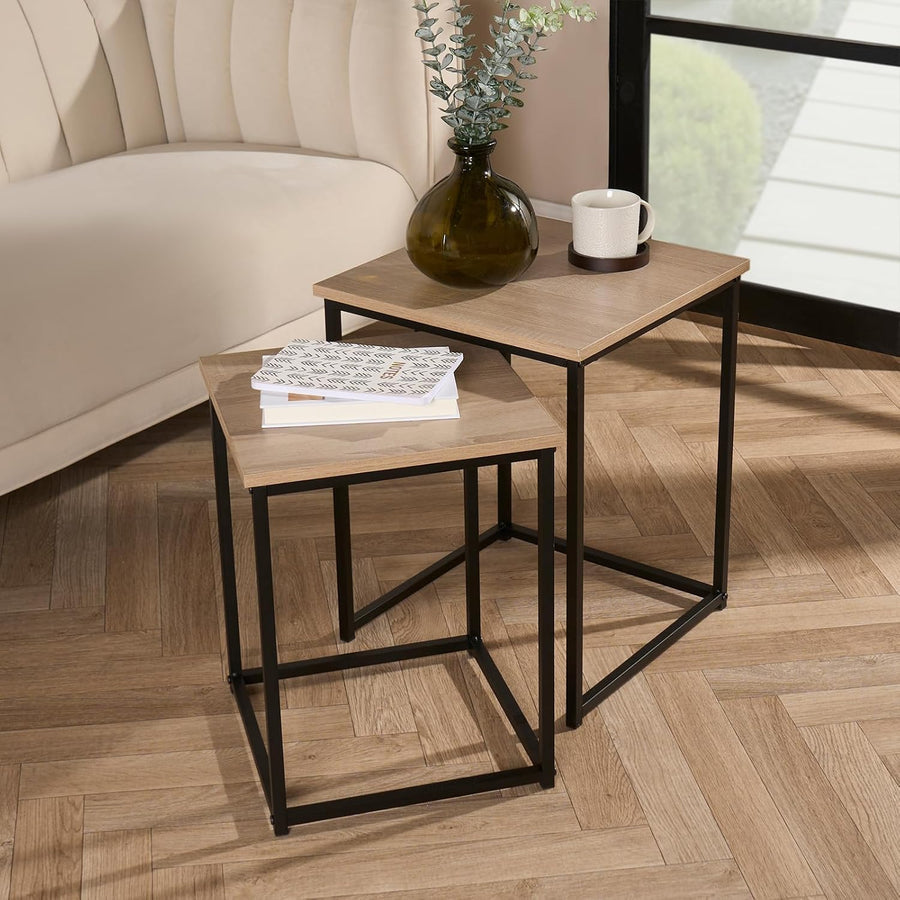 2 Nest of Tables, Side Tables for Living Room Wooden Stylish Decorative Coffee Table Set Home Interior Sturdy Metal Frame Square Nesting Table