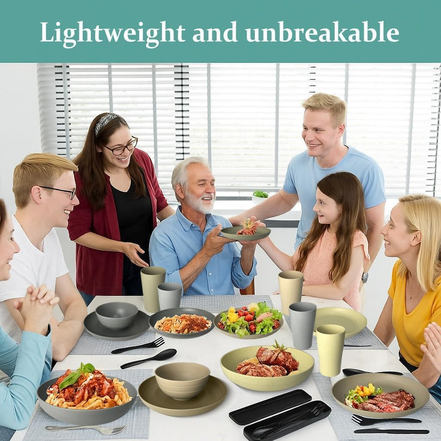 16-Piece Kitchen Plastic Dinner Set, Service for 4, Dinner Plates, Dessert Plates, Cereal Bowls, Cups, Unbreakable Plastic Plates and Bowls Set, Outdoor Camping Dishes, Grey
