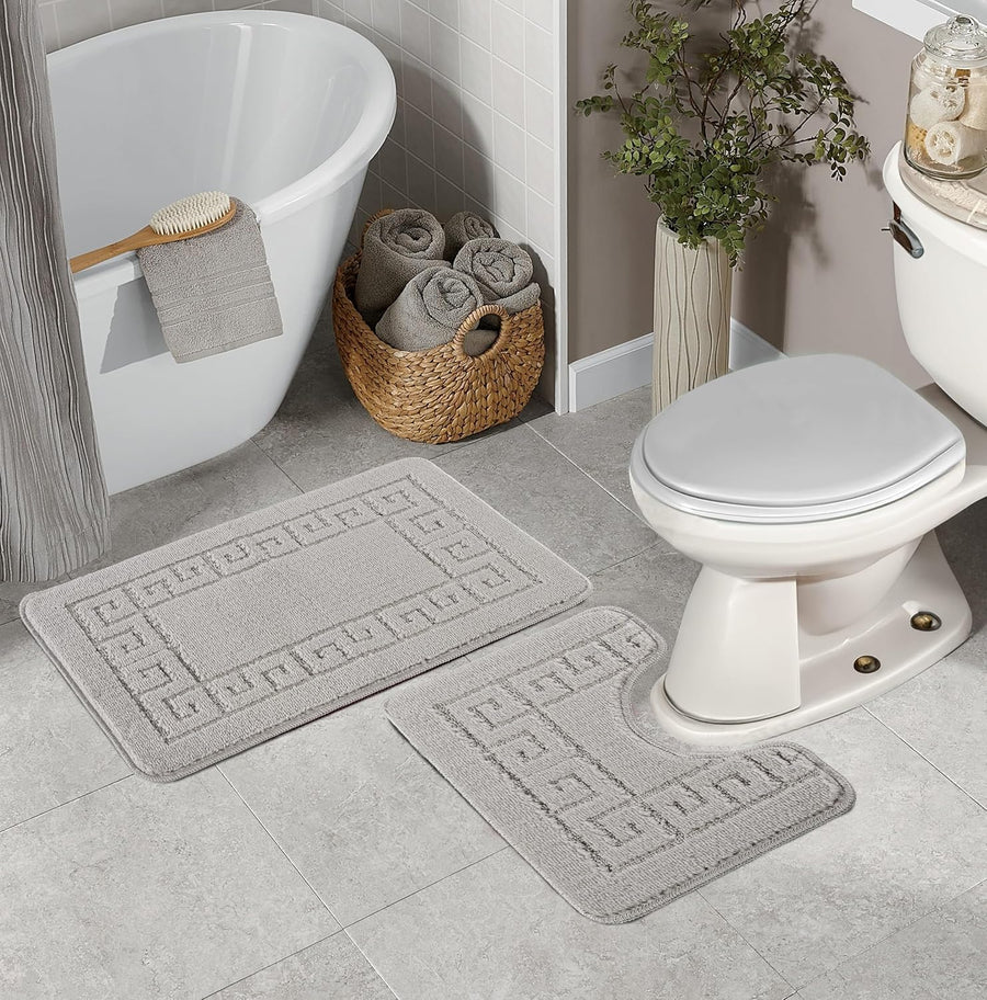 Greek Style Bath Mat Set 2-Piece | Non-Slip Bathroom Mats, Shower Mat & Pedestal Mat | Soft Washable Quick-Dry Bath Mats for Bathroom Floor | Anti-Mould Bath Rug Set (Silver)