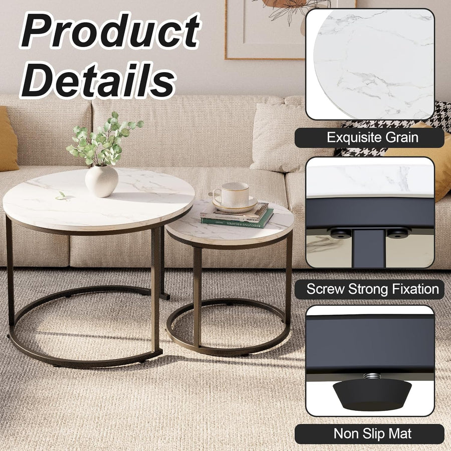 Coffee Table,Round Nest of Tables Set of 2 for Living Room,Marble Center Tea Table with Metal Frame,End Side Table for Small Space/Living Room/Bedroom, White Black, 60 X 60 X 50Cm