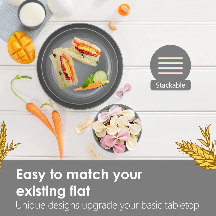 16-Piece Kitchen Plastic Dinner Set, Service for 4, Dinner Plates, Dessert Plates, Cereal Bowls, Cups, Unbreakable Plastic Plates and Bowls Set, Outdoor Camping Dishes, Grey