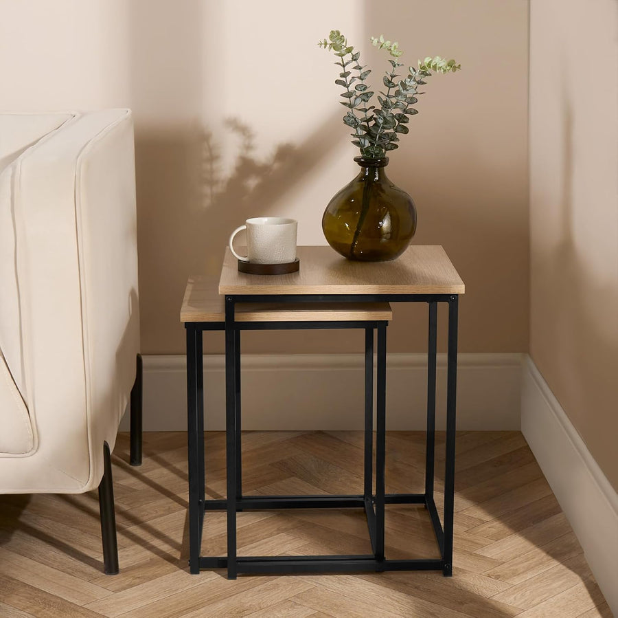 2 Nest of Tables, Side Tables for Living Room Wooden Stylish Decorative Coffee Table Set Home Interior Sturdy Metal Frame Square Nesting Table