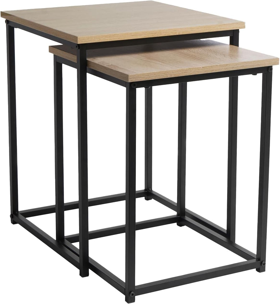 2 Nest of Tables, Side Tables for Living Room Wooden Stylish Decorative Coffee Table Set Home Interior Sturdy Metal Frame Square Nesting Table