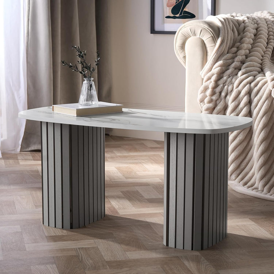 Wooden Coffee Tables for Living Room, White Top Marble Coffee Table Grey Madison Ribbed Wood Frame Decorative Small Centre Table for Home Office, 85 X 40 X 41Cm