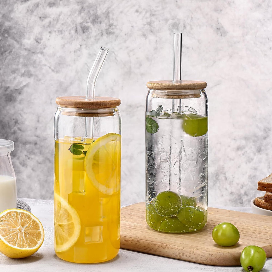 Glass Cups 20 Oz,Glass Cups with Lids Andstraws 4 Pcs-Coffee Cups,Drinking Glasses Set,Glass Tumbler with Straw and Lid Gift 2 Cleaning Brushes