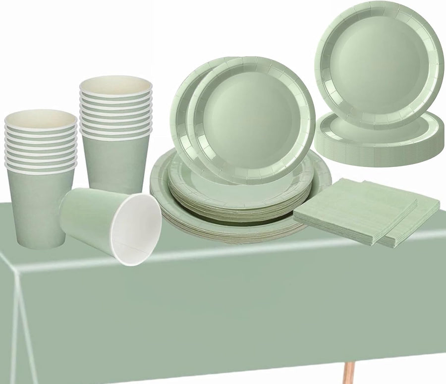 69Pcs Sage Green Party Tableware Set for Her, Girls, Women - Sage Green Paper Plates, Cups, Napkins and Tablecloth - Party Dinnerware Set for Birthday, Wedding, Baby Shower