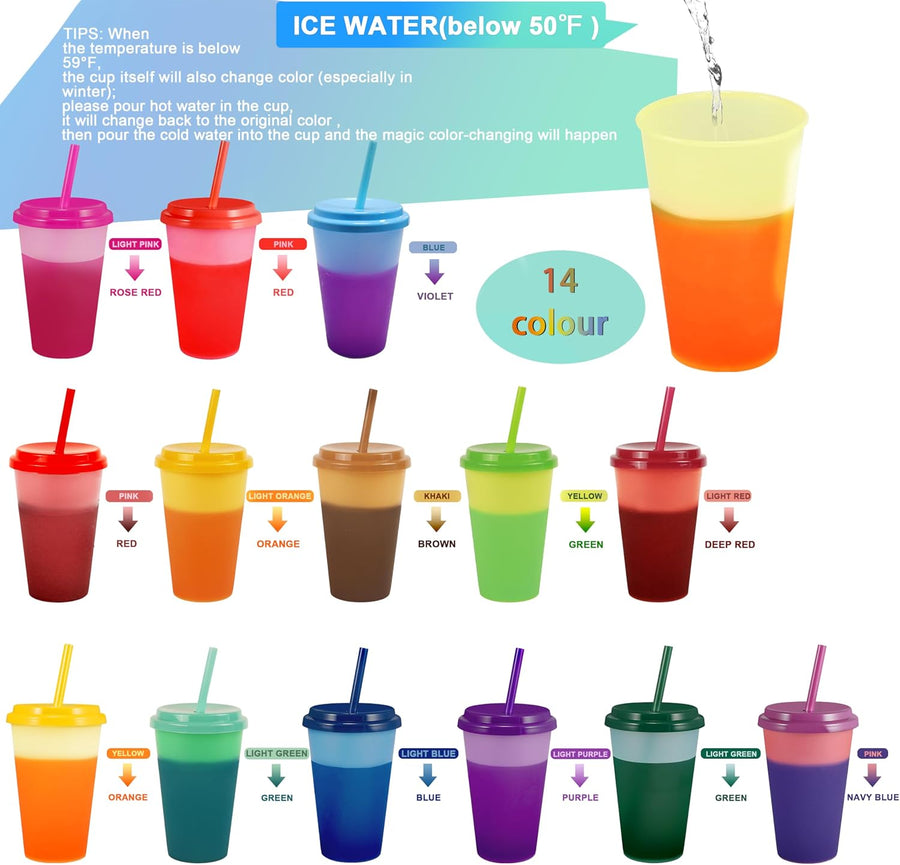 14 Pcs 12 Oz Colour Changing Cups Reusable Tumblers with Lids & Straw Cover | Dustproof Silicone Straw Cover, Magic Color Shift with Ice Water, Bulk Sippy Cups Set for Birthday Party, Festival, Plastic