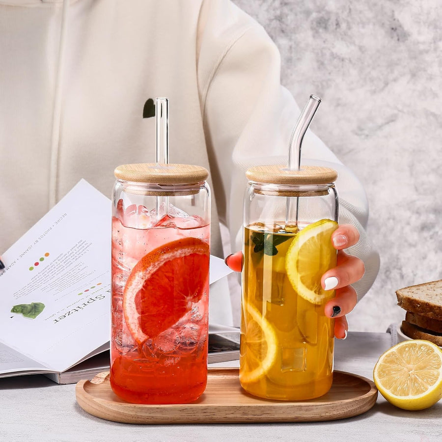 Glass Cups 20 Oz,Glass Cups with Lids Andstraws 4 Pcs-Coffee Cups,Drinking Glasses Set,Glass Tumbler with Straw and Lid Gift 2 Cleaning Brushes