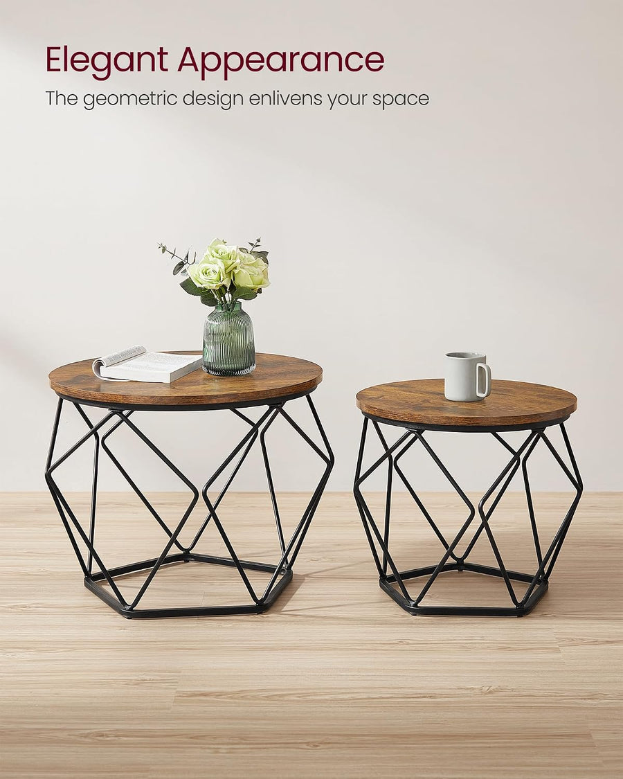 Coffee Tables, Set of 2 Side Tables, Robust Steel Frame, for Living Room, Bedroom, Rustic Brown and Black LET040B01