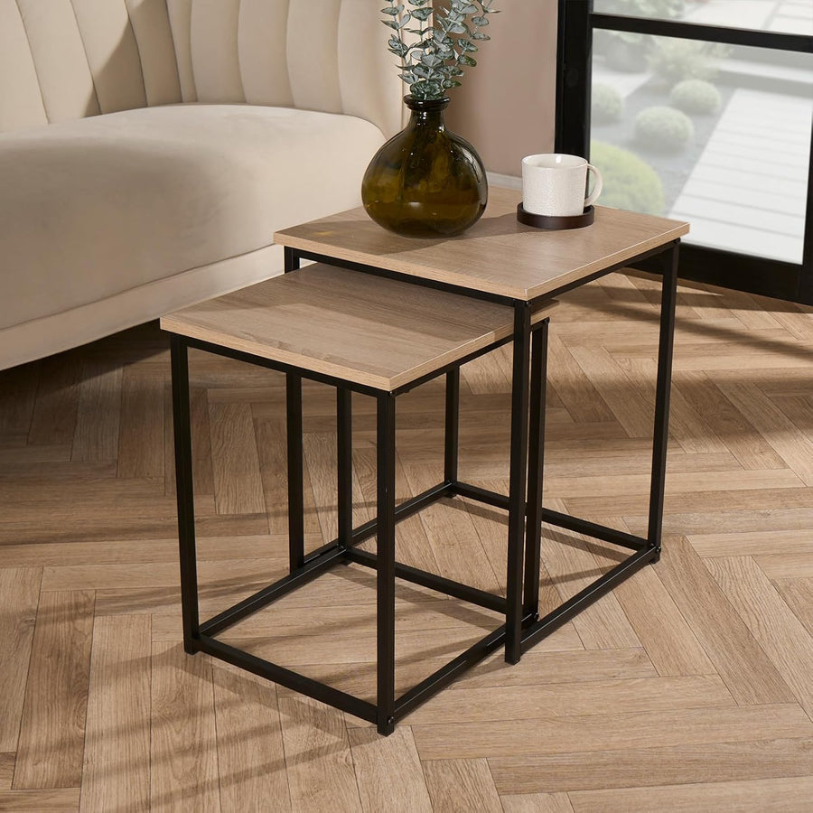 2 Nest of Tables, Side Tables for Living Room Wooden Stylish Decorative Coffee Table Set Home Interior Sturdy Metal Frame Square Nesting Table