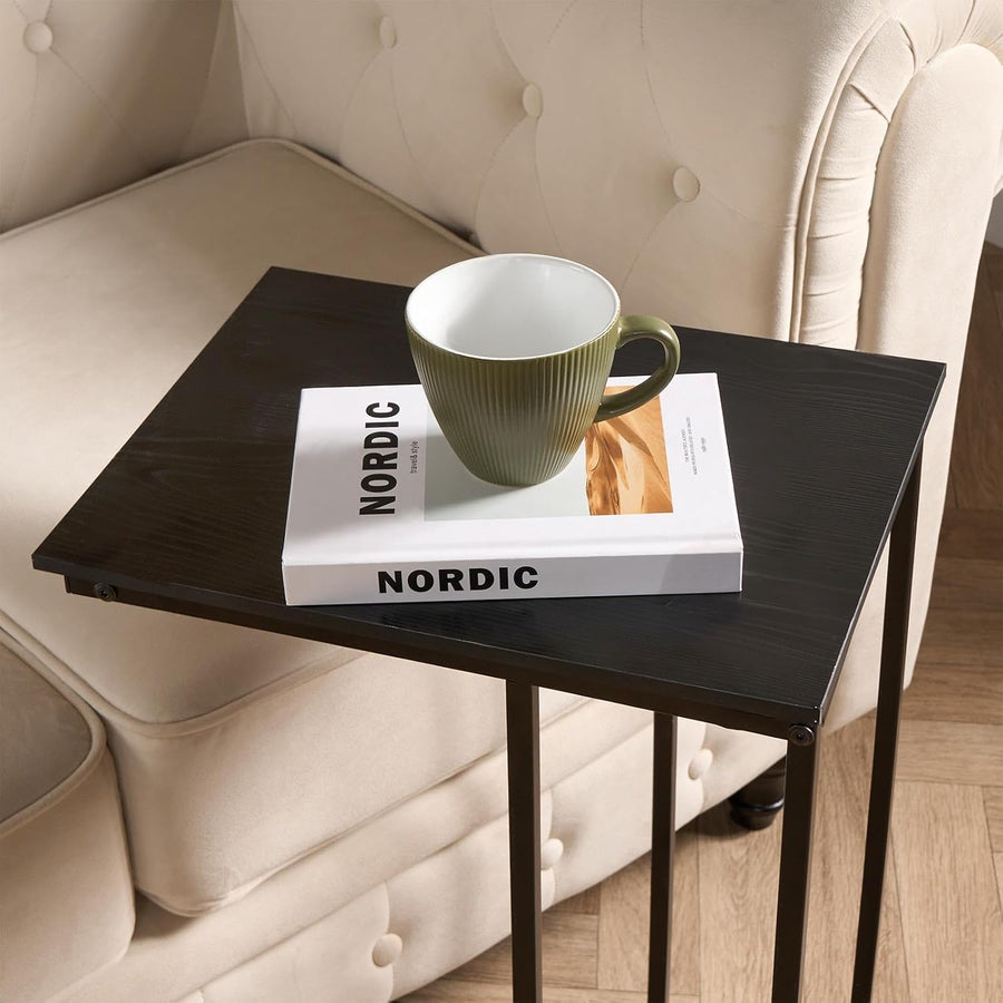 C Shaped Side Table, Sofa Table with Metal Frame Decorative Coffee Tables Space Saving Bedside Tables for Bedroom Living Room Home Office, Black